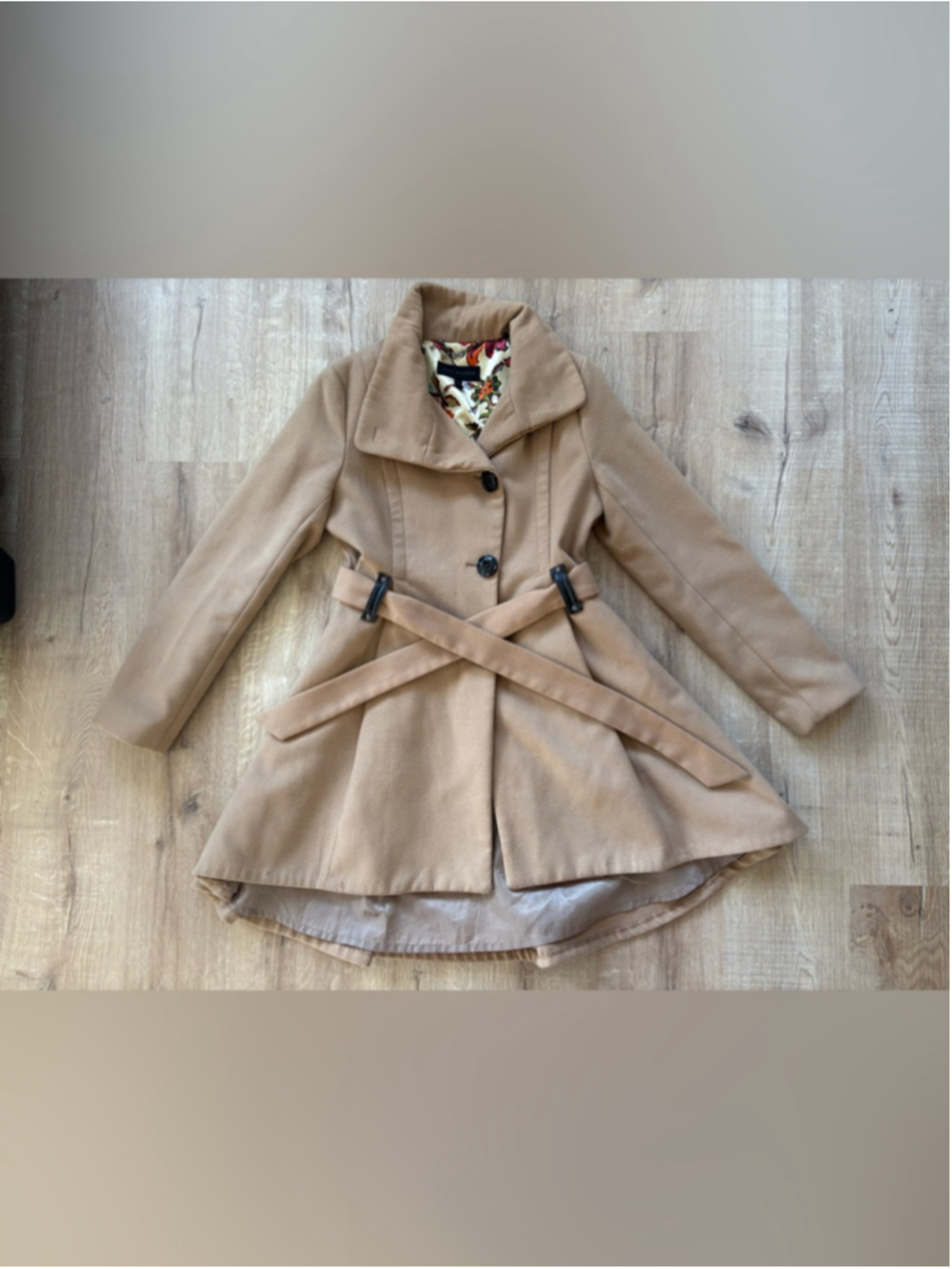 Steve Madden Tan Belted Skirted Trench Coat with Floral Lining